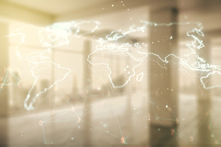 Multi exposure of abstract graphic world map on modern interior background, big data and networking conceptの写真素材