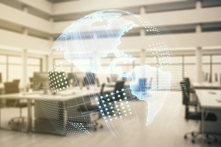 Double exposure of graphic America map hologram on a modern furnished office interior background, big data and digital technology conceptの写真素材