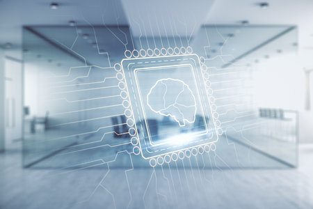 Virtual creative artificial Intelligence hologram with human brain sketch on a modern furnished office background. Multiexposureの写真素材