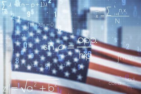 Double exposure of scientific formula hologram on USA flag and blurry cityscape background, research and development conceptの写真素材