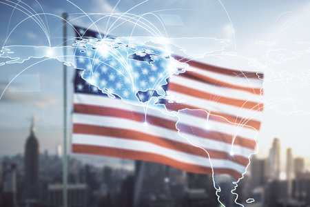 Abstract graphic digital world map hologram with connections on USA flag and blurry skyscrapers background, globalization concept. Multiexposureの写真素材