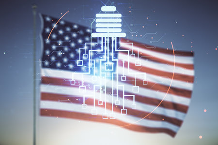 Virtual creative idea concept with light bulb and microcircuit illustration on USA flag and sunset sky background. Neural networks and machine learning concept. Multiexposureの写真素材