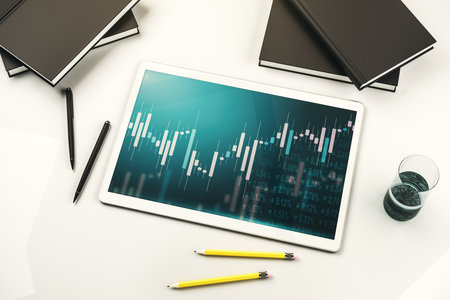 Top view of abstract creative financial diagram on modern digital tablet display, banking and accounting concept. 3D Renderingの写真素材