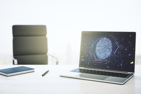 Abstract creative fingerprint illustration on modern laptop monitor, digital access concept. 3D Renderingの写真素材