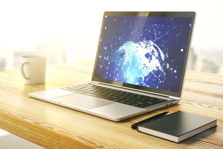Abstract creative coding illustration with world map on modern computer monitor, international software development concept. 3D Renderingの写真素材