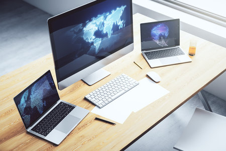 Abstract creative digital world map on modern laptop monitor, tourism and traveling concept. 3D Renderingの写真素材