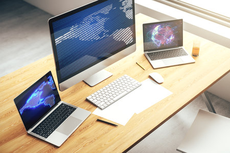 Digital America map on modern laptop screen, international trading concept. 3D Renderingの写真素材