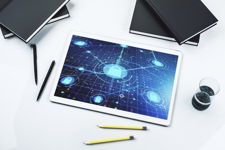 Modern digital tablet display with creative light lock illustration and microcircuit, cyber security concept. Top view. 3D Renderingの写真素材