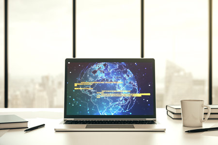 Modern computer monitor with abstract programming language with world map, research and development concept. 3D Renderingの写真素材