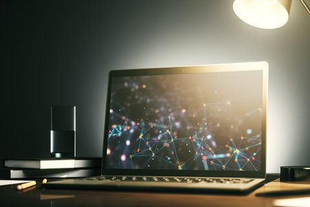 Modern computer monitor with technology desktop. Research and development software concept. 3D Renderingの写真素材