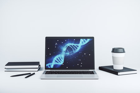 Creative light DNA illustration on modern computer monitor, science and biology concept. 3D Renderingの写真素材