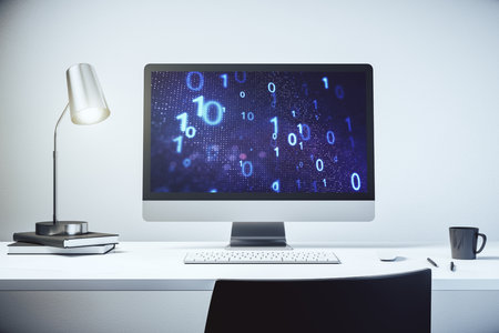 Modern computer monitor with creative abstract binary code hologram. Database and programming concept. 3D Renderingの写真素材