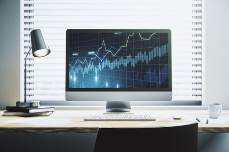 Abstract creative financial graph on modern laptop monitor, forex and investment concept. 3D Renderingの写真素材