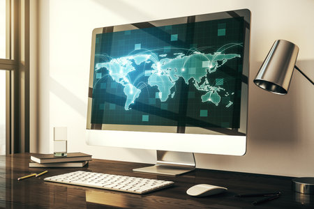 Computer monitor with abstract graphic digital world map with connections, globalization concept. 3D Renderingの写真素材
