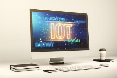 Modern computer monitor with creative IOT hologram, research and development concept. 3D Renderingの写真素材