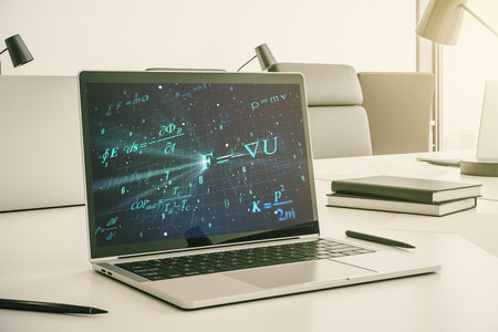 Creative scientific formula concept on modern laptop screen. 3D Renderingの写真素材