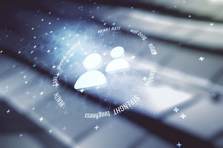 Abstract virtual people icons hologram on abstract metal background, life and health insurance concept. Multi exposureの写真素材