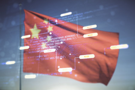 Multi exposure of abstract creative coding sketch on flag of China and sunset sky background, artificial intelligence and neural networks conceptの写真素材