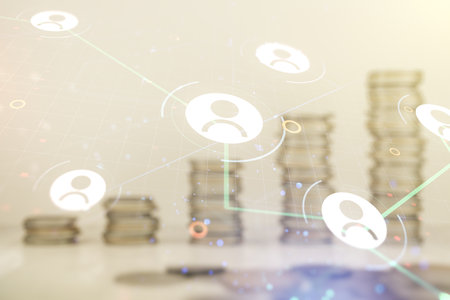 Double exposure of social network icons hologram on growing coins stacks background. Networking conceptの写真素材