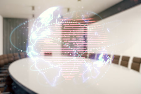 Double exposure of abstract digital world map hologram with connections on a modern boardroom background, big data and blockchain conceptの写真素材