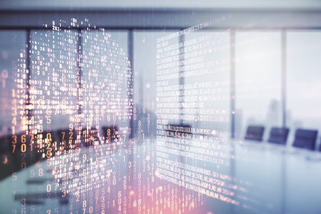 Abstract virtual creative code skull hologram on a modern boardroom background, theft of personal data and malware concept. Multiexposureの写真素材