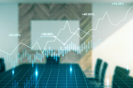 Double exposure of abstract creative financial chart hologram on a modern meeting room background, research and strategy conceptの写真素材