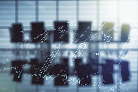 Multi exposure of virtual abstract financial graph interface on a modern coworking room background, financial and trading conceptの写真素材