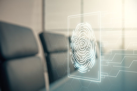 Double exposure of virtual creative fingerprint hologram on a modern boardroom background, protection of personal information conceptの写真素材