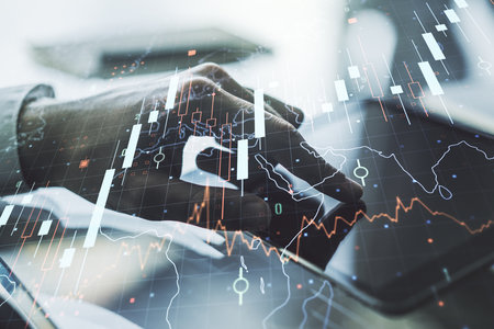 Double exposure of abstract creative financial diagram with world map and with finger clicks on a digital tablet on background, banking and accounting conceptの写真素材