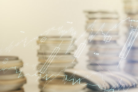 Abstract virtual financial graph hologram on stacks of coins background, forex and investment concept. Multiexposureの写真素材
