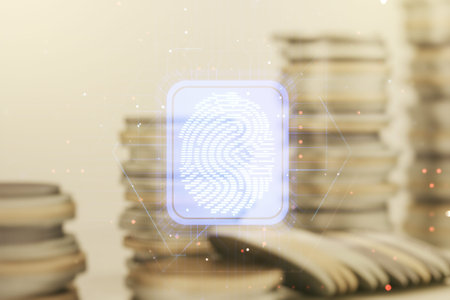 Multi exposure of virtual abstract fingerprint illustration on stacks of coins background, digital...