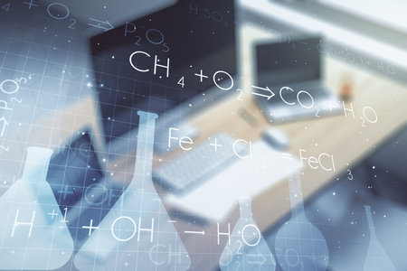 Creative chemistry concept and modern desktop with computer on background. Multiexposureの写真素材