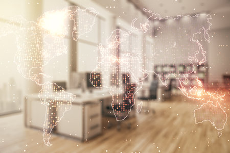 Multi exposure of abstract graphic world map hologram on a modern furnished office interior background, connection and communication conceptの写真素材