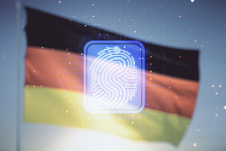 Double exposure of virtual creative fingerprint hologram on flag of Germany and blue sky background, protection of personal information conceptの写真素材