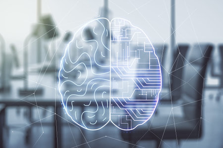 Virtual creative artificial Intelligence hologram with human brain sketch on a modern furnished...