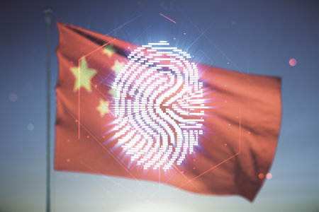 Multi exposure of virtual creative fingerprint hologram on Chinese flag and blue sky background, personal biometric data conceptの写真素材