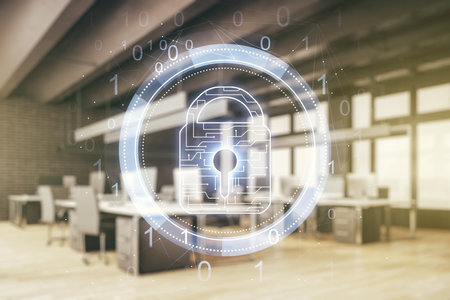 Virtual creative lock sketch with chip hologram on a modern furnished office interior background, protection of personal data concept. Multiexposureの写真素材