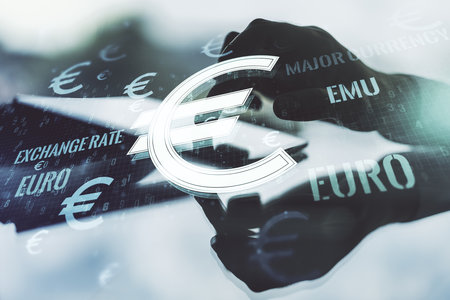 Creative EURO symbols illustration and finger presses on a digital tablet on background, forex and currency concept. Multiexposureの写真素材