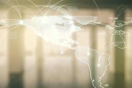 Double exposure of abstract digital world map hologram with connections on empty room interior background, big data and blockchain conceptの写真素材