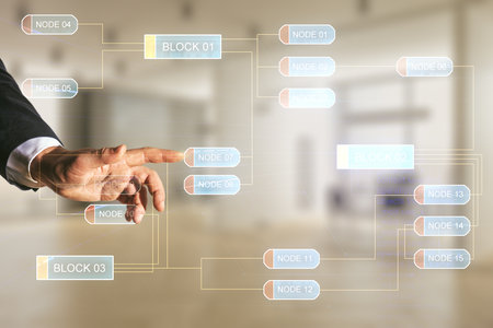 Double exposure of programmers hand working with abstract creative programming illustration on blurred office background, big data and blockchain conceptの写真素材