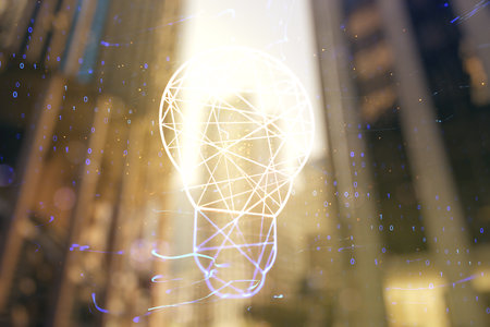 Abstract virtual light bulb hologram on blurry cityscape background, idea concept. Multiexposureの写真素材
