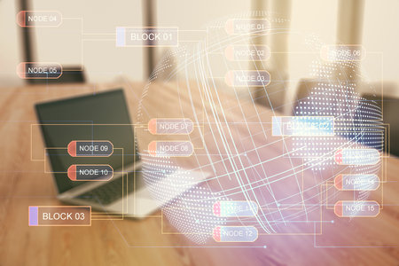 Abstract creative coding concept with world map on modern laptop background. Multiexposureの写真素材