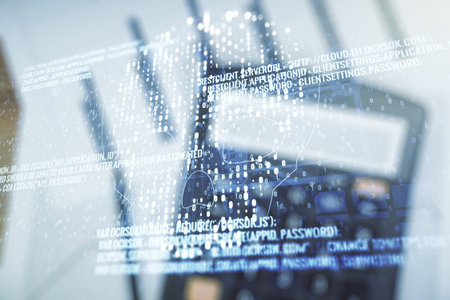 Double exposure of abstract virtual creative code skull hologram on blurry calculator background....