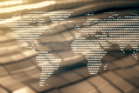 Double exposure of abstract digital world map on blurry metal background, research and strategy conceptの写真素材