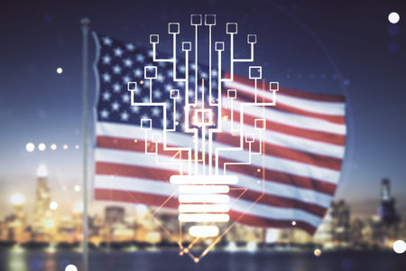 Double exposure of virtual creative light bulb hologram with chip on USA flag and blurry skyscrapers background, idea and brainstorming conceptの写真素材