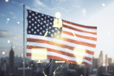 Double exposure of social network icons hologram on US flag and city background. Networking conceptの写真素材