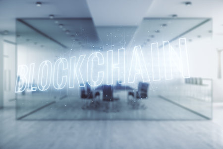 Abstract virtual blockchain technology hologram on a modern furnished classroom background, cryptography and decentralization concept. Multi exposureの写真素材