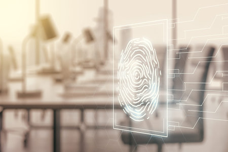 Multi exposure of virtual fingerprint scan interface on a modern furnished office interior background, digital access conceptの写真素材