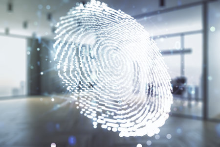 Abstract virtual fingerprint illustration on a modern furnished classroom background, personal biometric data concept. Multiexposureの写真素材