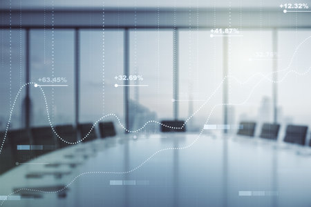 Abstract virtual stats data hologram on a modern conference room background. Multiexposureの写真素材